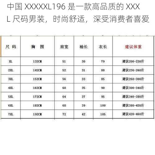 中国 XXXXXL196 是一款高品质的 XXXL 尺码男装，时尚舒适，深受消费者喜爱