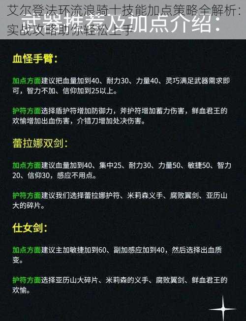 艾尔登法环流浪骑士技能加点策略全解析：实战攻略助你轻松上手