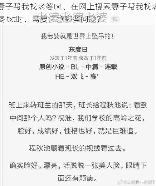 妻子帮我找老婆txt、在网上搜索妻子帮我找老婆 txt时，需要注意哪些问题？