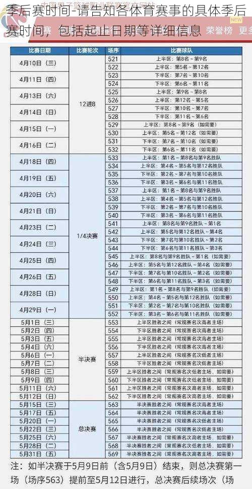 季后赛时间-请告知各体育赛事的具体季后赛时间，包括起止日期等详细信息