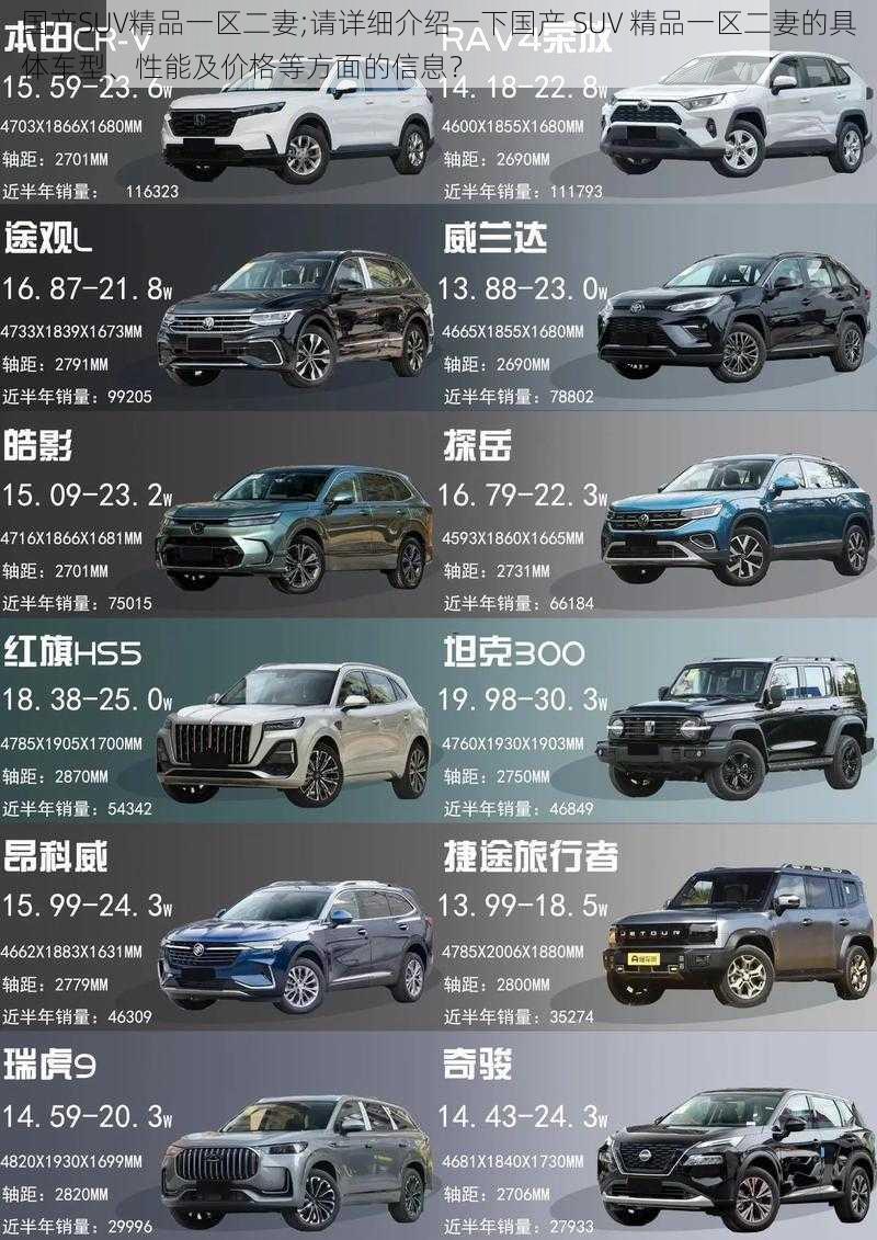 国产SUV精品一区二妻;请详细介绍一下国产 SUV 精品一区二妻的具体车型、性能及价格等方面的信息？