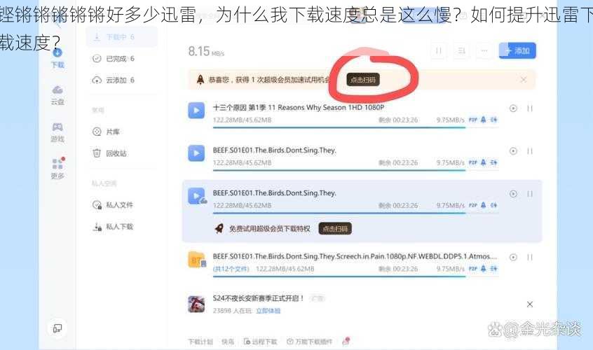 铿锵锵锵锵锵好多少迅雷，为什么我下载速度总是这么慢？如何提升迅雷下载速度？