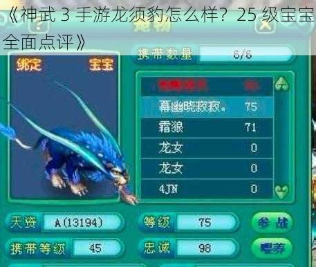 《神武 3 手游龙须豹怎么样？25 级宝宝全面点评》